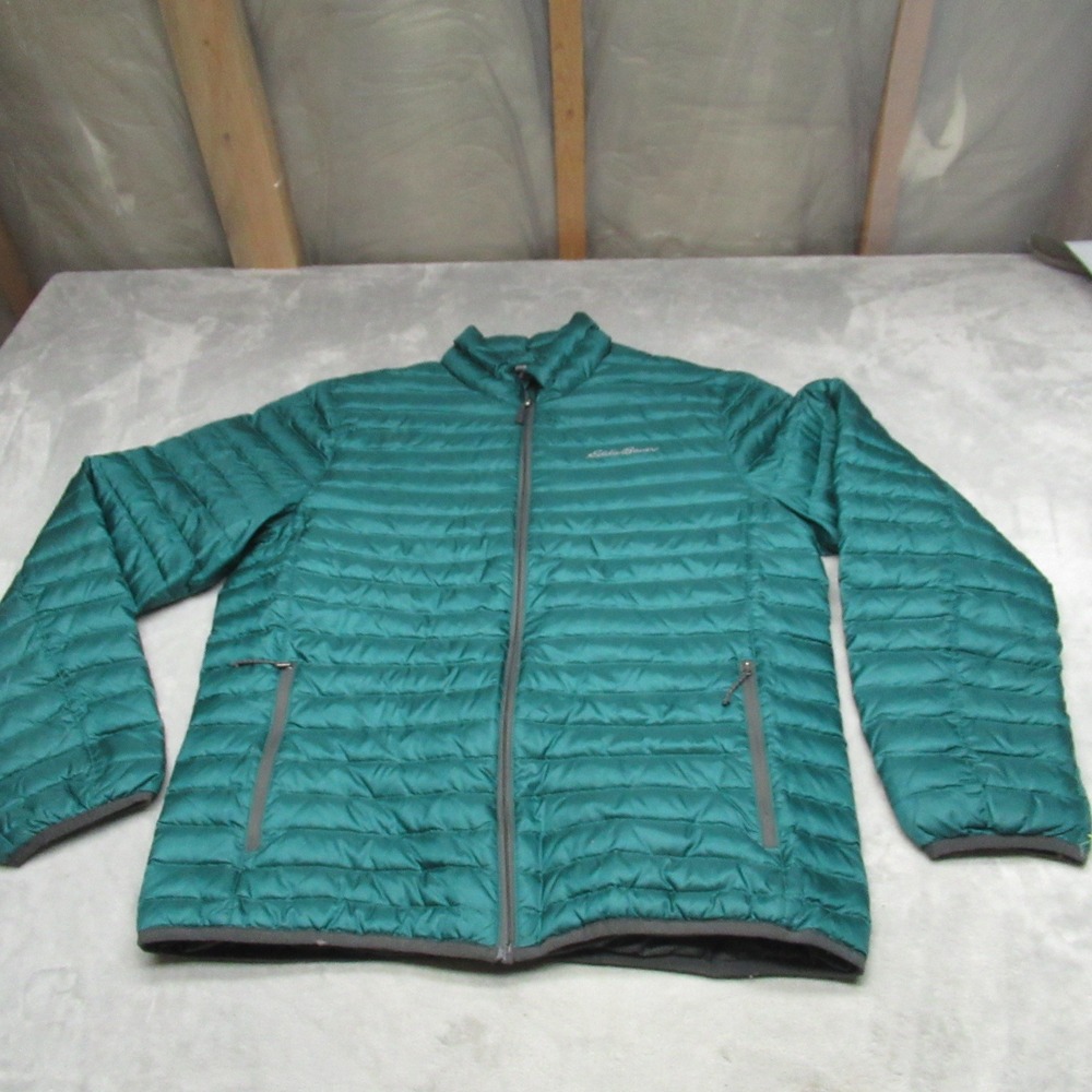 Eddie Bauer Down Jacket Mens Medium Green Insulated Full Zip‎ Pack Light Puffer